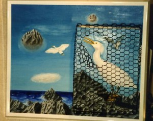 Bird on the "caged" canvas ---
