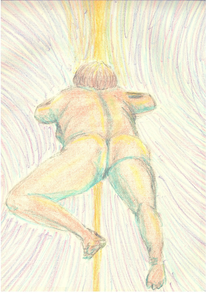 Model in 20 minutes + bkgrnd in 5 minutes, wax pastel only / モデルさんに20分 + 背景に5分、クレヨンのみ